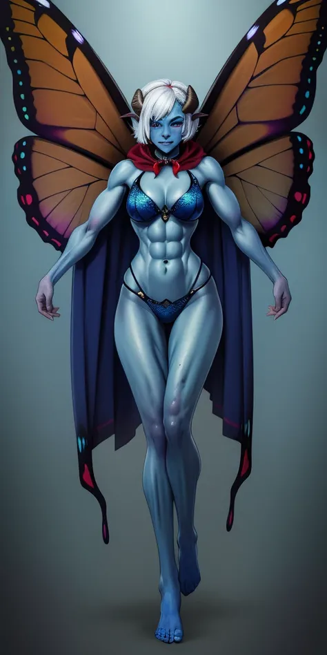 1sologirl standing straight symmetrical looking to viewer (((oni very blue skin, 2sheep short curled  horns, 2legs, 2arms, toned body six pack abs, white bob hair, happy red cheeks, full body portrait, butterfly wings winged))) (masterpiece, ultra detailed...