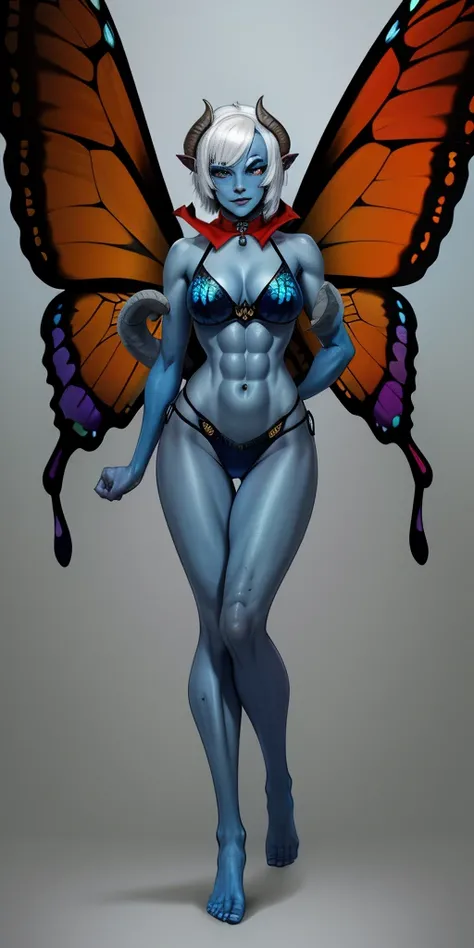 1sologirl standing straight symmetrical looking to viewer (((oni very blue skin, 2sheep short curled  horns, 2legs, 2arms, toned body six pack abs, white bob hair, happy red cheeks, full body portrait, butterfly wings winged))) (masterpiece, ultra detailed...