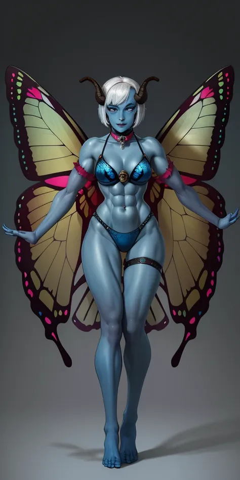 1sologirl standing straight symmetrical looking to viewer (((oni very blue skin, 2sheep short curled  horns, 2legs, 2arms, toned body six pack abs, white bob hair, happy red cheeks, full body portrait, butterfly wings winged))) (masterpiece, ultra detailed...