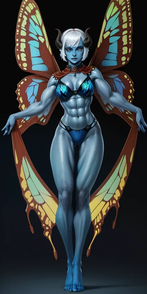 1sologirl standing straight symmetrical looking to viewer (((oni very blue skin, 2sheep short curled  horns, 2legs, 2arms, toned body six pack abs, white bob hair, happy red cheeks, full body portrait, butterfly wings winged))) (masterpiece, ultra detailed...