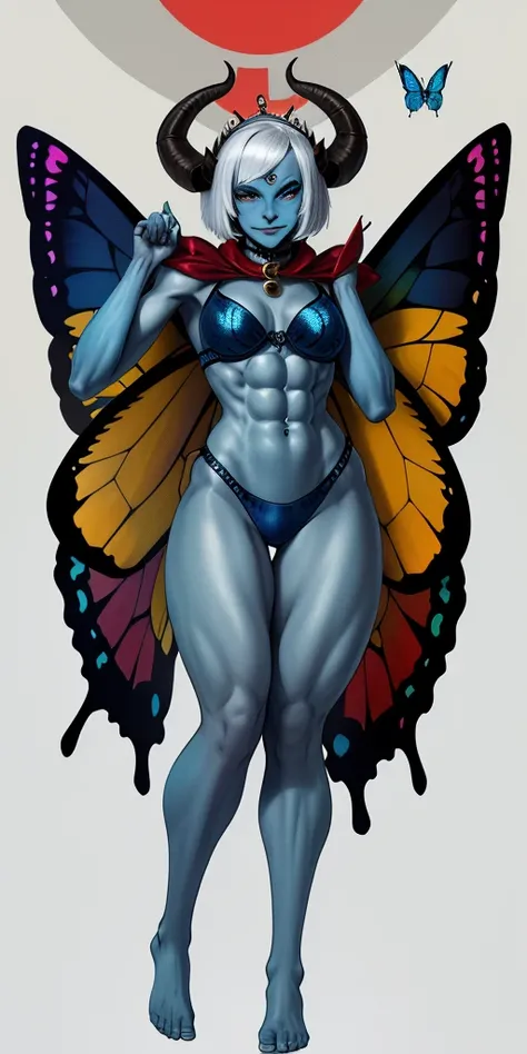 1sologirl standing straight symmetrical looking to viewer (((oni very blue skin, 2sheep short curled  horns, 2legs, 2arms, toned body six pack abs, white bob hair, happy red cheeks, full body portrait, butterfly wings winged))) (masterpiece, ultra detailed...