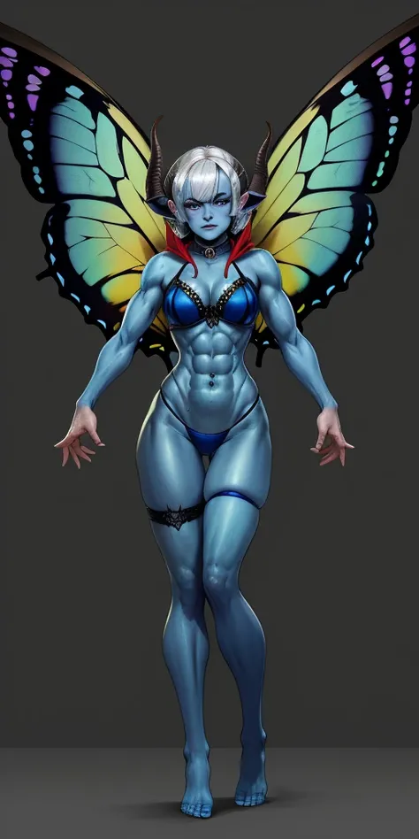 1sologirl standing showing back bareback, showing ass to me (((oni very blue skin, 2sheep short curled  horns, 2legs, 2arms, toned body six pack abs, white bob hair, happy red cheeks, full body portrait, butterfly wings winged))) (masterpiece, ultra detail...