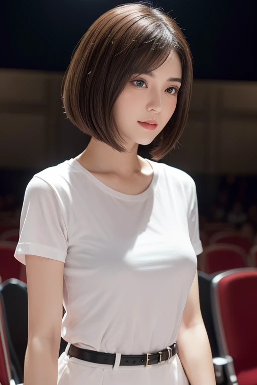 ８hair, Very detailed, masterpiece, highest quality, Photorealistic, Detailed face, Headshot, Fine Eyes, 25-year-old woman, 1 person, Beautiful face, The lips are thick and full, (Facing forward), Nice body, ((Watching the audience)), (Bobcut:1.1), White T-...