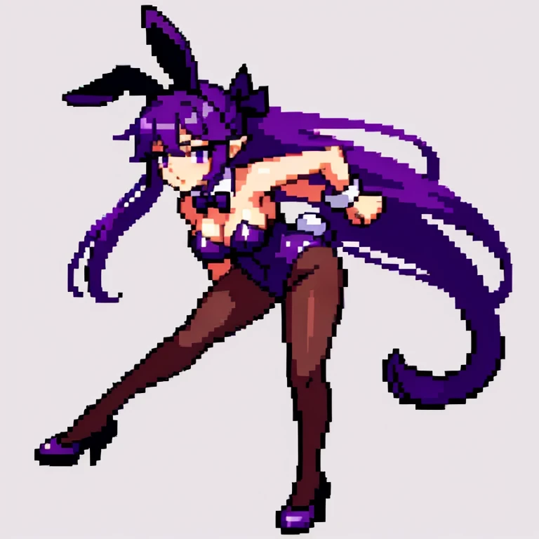 Pixel art, 6-life, full body, facing left,run, animal ears, rabbit ears, playboy bunny, a woman, wrist cuffs, leotard, black leotard, fake animal ears, detached collar, tail, pantyhose, strapless leotard , solo, bow, long hair, strapless, bowtie, rabbit ta...