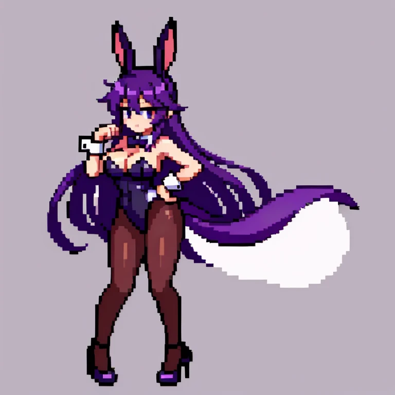 Pixel art, 6-life, full body, facing left,run, animal ears, rabbit ears, playboy bunny, a woman, wrist cuffs, leotard, black leotard, fake animal ears, detached collar, tail, pantyhose, strapless leotard , solo, bow, long hair, strapless, bowtie, rabbit ta...