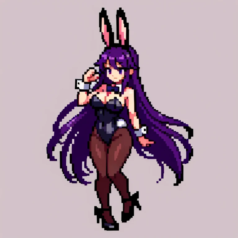 Pixel art, 6-life, full body, facing left,run, animal ears, rabbit ears, playboy bunny, a woman, wrist cuffs, leotard, black leotard, fake animal ears, detached collar, tail, pantyhose, strapless leotard , solo, bow, long hair, strapless, bowtie, rabbit ta...