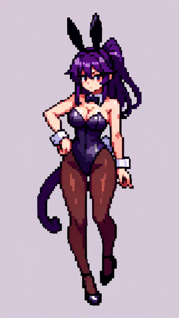 Pixel art, 6-life, full body,run, animal ears, rabbit ears, playboy bunny, a woman, wrist cuffs, leotard, black leotard, fake animal ears, detached collar, tail, pantyhose, strapless leotard , solo, bow, long hair, strapless, bowtie, rabbit tail, high heel...