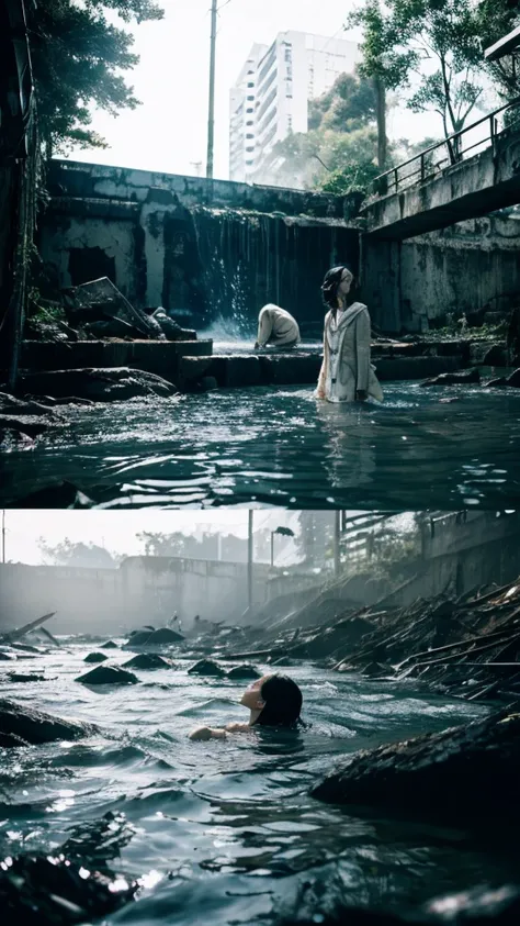 In the water,moss,Showa,Collapse,Devastation,Inside the ruins,Glasses,Women,adventure,Black and White,