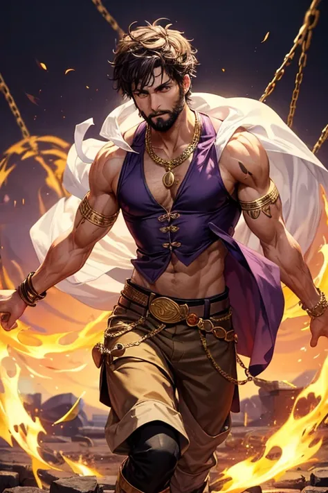 30-year-old man, short brown and black hair, with brown beard, short messy hair, dark skin, yellow eyes, djinn clothing, open purple sleeveless vest, purple vest with white Arabic print, black Arabic pants, gold belt, djinn bracelet with gems, purple boots...