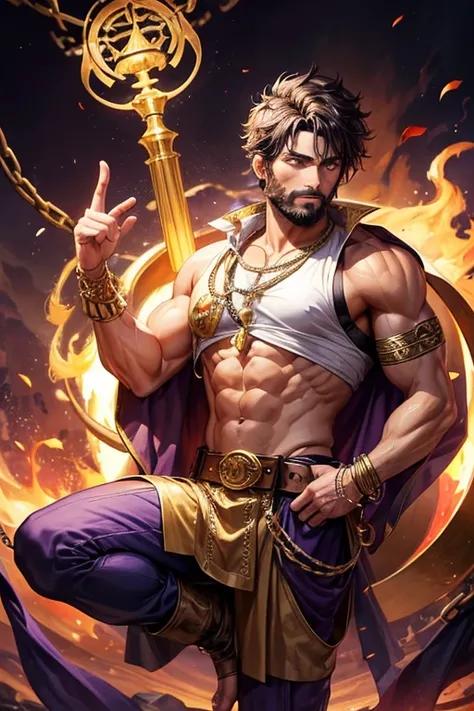 30-year-old man, short brown and black hair, with brown beard, short messy hair, dark skin, yellow eyes, djinn clothing, open purple sleeveless vest, purple vest with white Arabic print, black Arabic pants, gold belt, djinn bracelet with gems, purple boots...