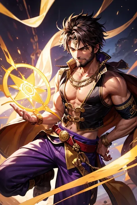 30-year-old man, short brown and black hair, with brown beard, short messy hair, dark skin, yellow eyes, djinn clothing, open purple sleeveless vest, purple vest with white Arabic print, black Arabic pants, gold belt, djinn bracelet with gems, purple boots...