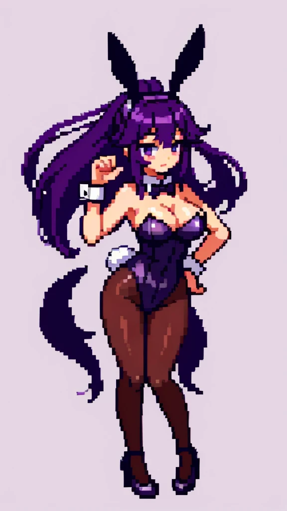 Pixel art, 6-life, full body, animal ears, rabbit ears, playboy bunny, a woman, wrist cuffs, leotard, black leotard, fake animal ears, detached collar, tail, pantyhose, strapless leotard , solo, bow, long hair, strapless, bowtie, rabbit tail, high heels, p...