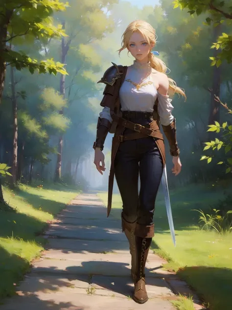 masterpiece, best quality, rpg character art, epic fantasy art style, 1 woman, Emily, 18 year old woman, mature and confident demeanor, beautiful full body concept art, long blond hair tied in a ponytail, hair comes down to her mid-back, crystal blue eyes,...