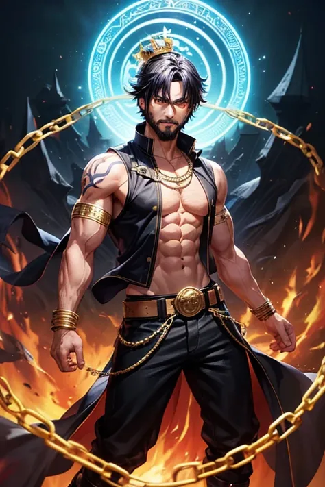 Man, 30 years old, short black and black hair, with black beard, short messy hair, black dark skin, yellow eyes, djinn clothing, open sleeveless gold vest, purple vest with black Arabic print, black Arabic pants, gold belt, djinn bracelet with gems, black ...