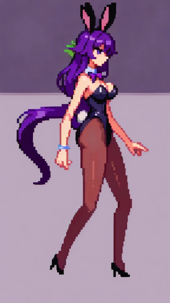 Pixel art, 6-life, full body, animal ears, rabbit ears, playboy bunny, a woman, wrist cuffs, leotard, black leotard, fake animal ears, detached collar, tail, pantyhose, strapless leotard , solo, bow, long hair, strapless, bowtie, rabbit tail, high heels, p...