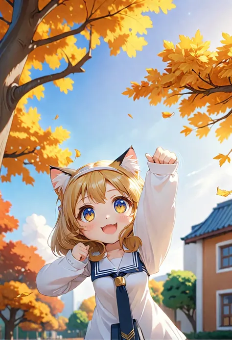 cat girl, chibi, in school uniform, Golden hair, reaches for the sign, which hangs on an autumn tree, chestnut tree, Rendering, Anime background art, winner of the pixiv competition, Anime girl with cat ears cute!! chibi!!! cat girl, милый anime cat girl, ...