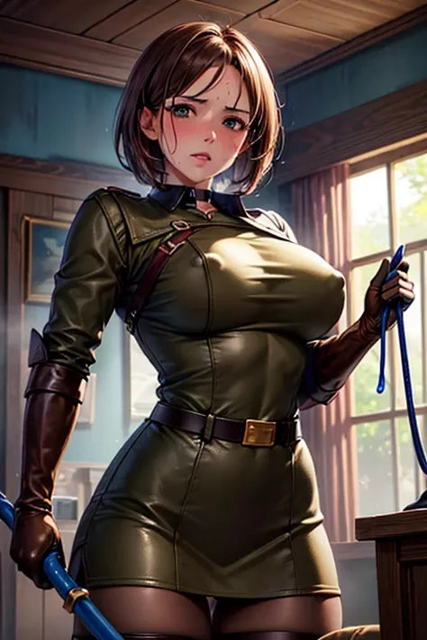 Browsing Caution, (Best image quality,highest quality,Highest Resolution, Ultra-Realistic Images,Very detailed,masterpiece,8k),One Woman,Whipping,Brown medium hair,Khaki military uniform,Leather gloves,Leather boots,((With a blue whip)),((Sticky with sweat...