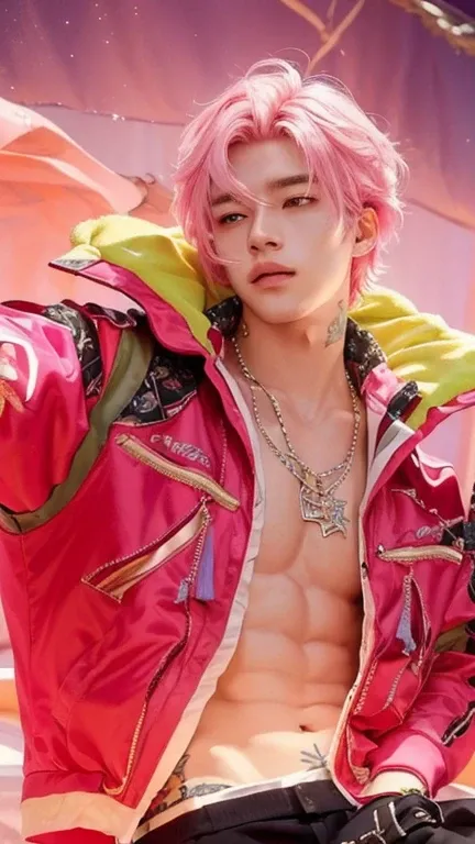 1boy, Fredrinn Mlbb, necklace chain, pink hair, jewelry, tattoo, 1boy, open clothes, jacket, solo, male focus, realistic, ultra detail, 