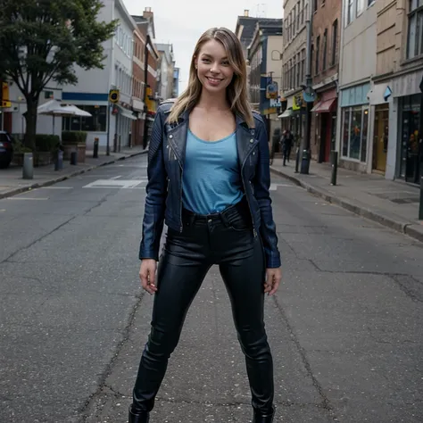 Lauren German dressed in blue leather jacket and leather jeans smiling