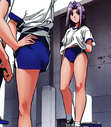 Momoko Koigakubo, a tall girl with beautiful legs, is standing in a gym wearing white gym clothes and light navy blue bloomers that look like panties, with her legs spread to the sides and a basketball in hand.。There are female students in gym clothes stan...