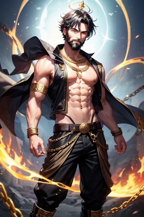 Man, 30 years old, short black and black hair, with black beard, short messy hair, black dark skin, yellow eyes, djinn clothing, open sleeveless gold vest, purple vest with black Arabic print, black Arabic pants, gold belt, djinn bracelet with gems, black ...