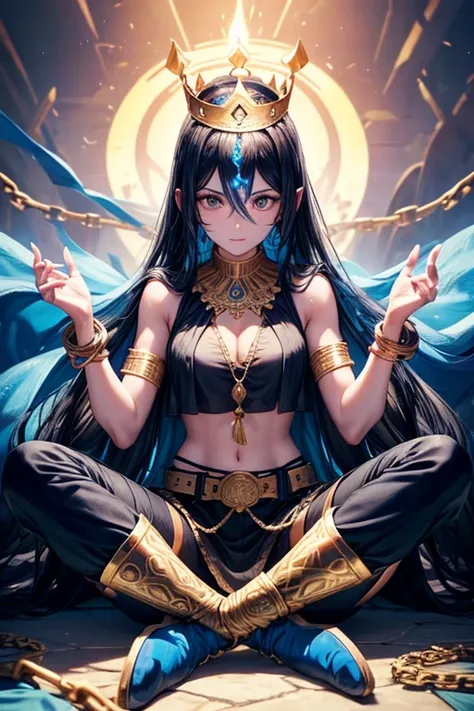 30 year old woman, long black hair, long messy hair, black eyes, djinn clothing, open blue sleeveless vest, blue vest with white Arabic print, light blue Arabic pants, gold belt, djinn bracelet with gems, blue boots, brown boots, phosphorescent blue tattoo...