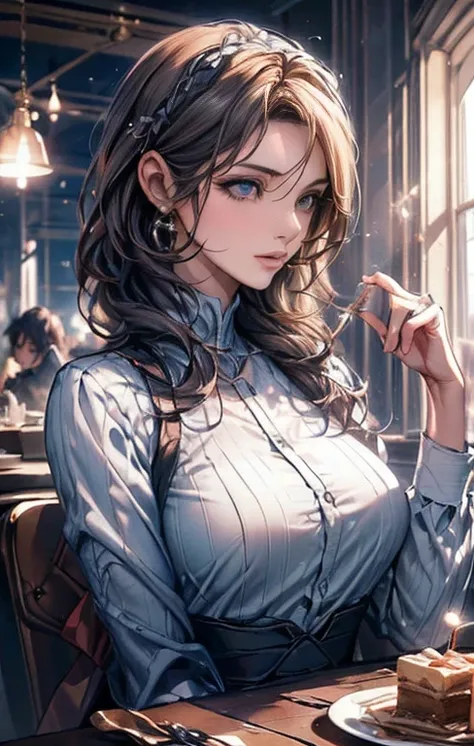 {{masterpiece}}，best quality，Highly detailed CG Unity 8K wallpaper，One woman，movie lighting，lens flare glow,
perfect style, perfect body, clear beautiful eyes, long eyelashes, Eat cake in a café,