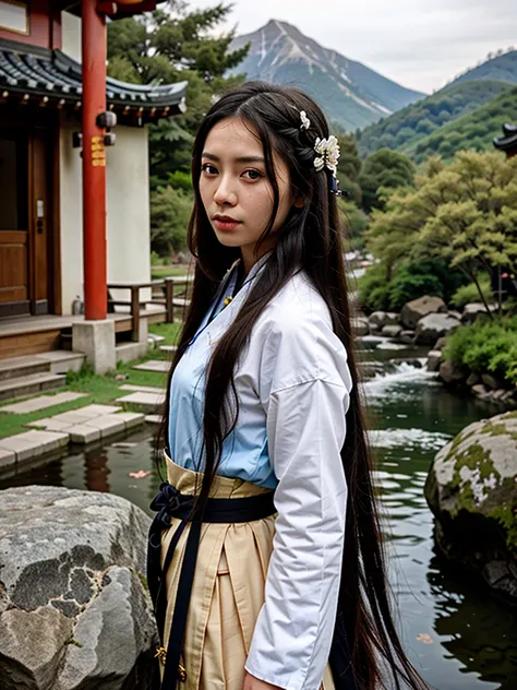 Blaisan girl, chinese, hair ornament, long hair, black hair, hanfu, chinese clothing, mountains, rocks, streams