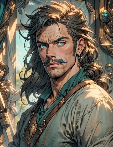 a middle-aged man with mustache, long teal hair, wild and disheveled hairstyle, , this character embodies a finely crafted fanta...