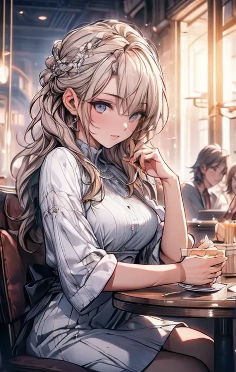 {{masterpiece}}，best quality，Highly detailed CG Unity 8K wallpaper，One woman，movie lighting，lens flare glow,
perfect style, perfect body, clear beautiful eyes, long eyelashes, Eat cake in a café,