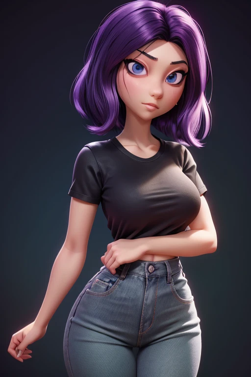 female cartoon character, black t-shirt, jeans, purple hair with light green highlights, medium hair, wavy hair, perfect hands, ...