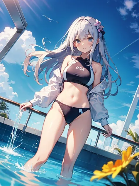 ((2D Beautiful Girl、highest quality、Perfect Finger 1.3、Perfect Anatomy 1.3、Very delicate and beautiful illustrations))、Cute  girl、(Conversion Sequence)、((Swimwear))、14 years、Slender beautiful girl、Fractal Art、Baby Face、((Straight Long Hair))、Big droopy eye...