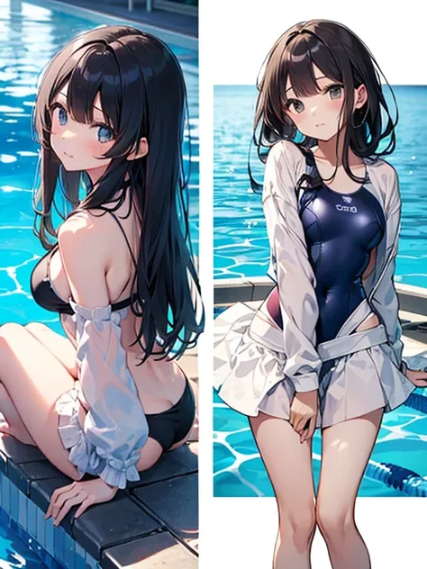 ((2D Beautiful Girl、highest quality、Perfect Finger 1.3、Perfect Anatomy 1.3、Very delicate and beautiful illustrations))、Cute  girl、(Conversion Sequence)、((Swimwear))、14 years、Slender beautiful girl、Fractal Art、Baby Face、((Straight Long Hair))、Big droopy eye...