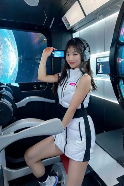 Girl straddling the seat cushion of a gym bike, Dolphin Shorts,astrovest,headphone,Astronaut training equipment,Inside the spaceship,White and blue futuristic space station interior, The universe seen from the window空間,LED lighting, Wide々and space, Wall-mo...