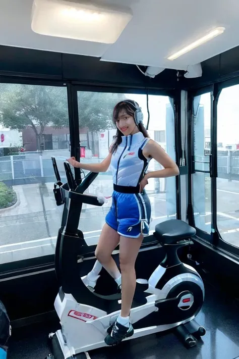 Girl straddling the seat cushion of a gym bike, Dolphin Shorts,astrovest,headphone,Astronaut training equipment,Inside the spaceship,White and blue futuristic space station interior, The universe seen from the window空間,LED lighting, Wide々and space, Wall-mo...