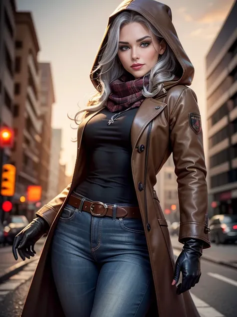 Kat Denningasterpiece:1.0), (Highest_quality:1.2), (Dark Shot:1.3), Classic Rogue, 1991 Rogue X-Men, 1 girl, Only 1, Head to Toe, standing on street corner, Elegant pose, (clothing: Brown winter coat, Brown color hood, Down lining, White scarf, gloves, jea...