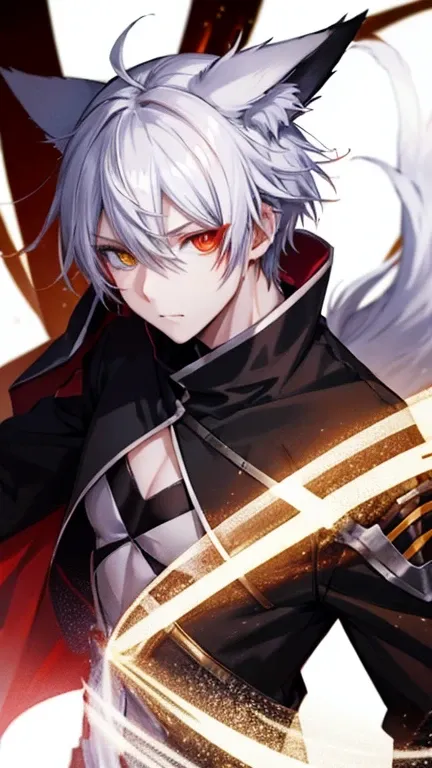 male anime character,Heterochromia,Yellow Eyes, Fiery red eyes, Silver Hair, long 青 hourglass tip , Clothes in black and white, male  ,Wolf Ears,Upper body only