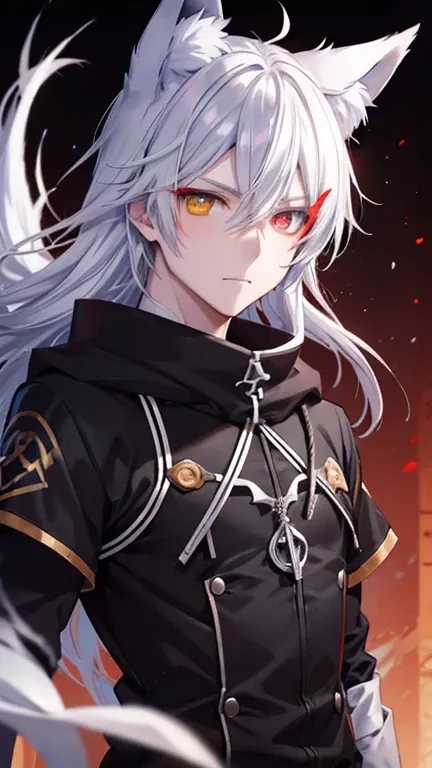 male anime character,heterochromia,clear yellow eyes, fiery iridescent red eyes, silver hair, long 青 hourglass tip , clothes in ...