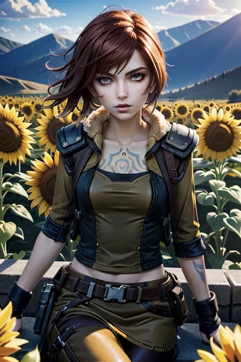 (masterpiece, best quality)
lilithborderlands,  1girl, solo, red hair, yellow eyes, sitting in a sunflower field