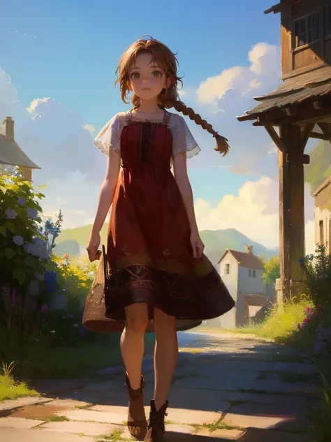 masterpiece, best quality, rpg character art, epic fantasy art style, 1 girl, Lily, 11 year old girl, shy but curious, full body fantasy concept art, caramel brown hair in 2 long braids, brown eyes, freckles, high detail, wearing a simple and plain tan dre...