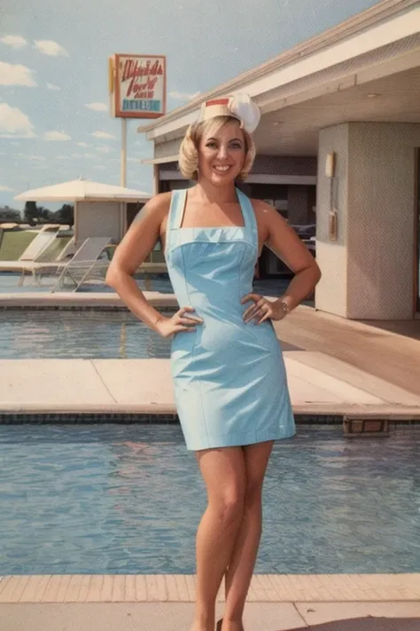 analog photo of ashleycipher wearing a retro 1960s dress, outside the poolside ramada inn motel, por sixtiesramada quente, grain...