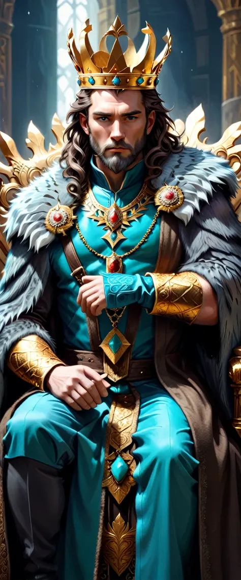 a man of about 45 sits on the throne thoughtfully and looks at the viewer with anxiety and pride,Spectator in front of a Man, he is the king of the northern state, medium beard dark copper color ,started to turn gray ,medium curls hidden under a fur coat, ...