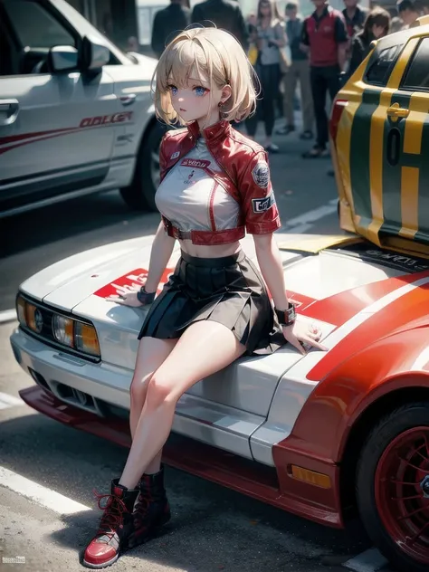 Monte Carlo Street Circuit, racing car, Racing Bikes, Promotion Girl, Grid Girl, Detailed promotional costumes are intricately worn, lace-up boots, Short sleeves, cropped tops, Short jacket, Tube Top Bra, knee high, Nylon short sleeve jacket with many logo...