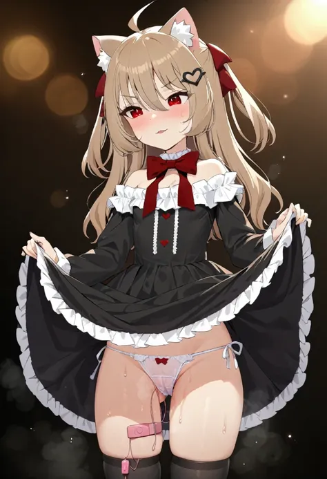 1girl, evil neuro-sama, (masterpiece, best quality), highly detailed, finely detailed, red eyes, light brown hair, ahoge, two side up, hair ribbon, dark red ribbon, heart hair ornament, black dress, frilled dress, off-shoulder dress, bare shoulders, frille...