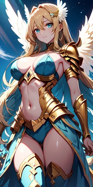 Guardian of the Shining Angel, Her skin glowed like the first rays of dawn., Stretching out the wings of hope on the sacred battlefield, 8k, High resolution. Her sapphire eyes reflected the sky, Her long, Golden hair bathed in divine light. She is dressed ...