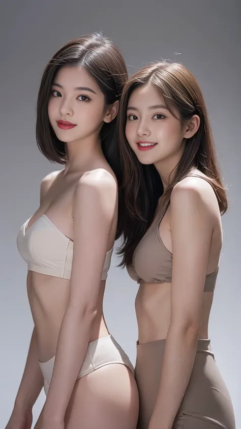 highest quality,masterpiece,Ultra-high resolution,Original photo,Ultra-high resolution，Two Girls:1.5，Slender body, Full nude Body，high waist，Flashy makeup using red eyeshadow，Big smile，Short cut with subtle side waves，whole body，Gray background，