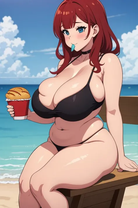 make redhaired ssbbw fat girl and she eating more all fastfood in ripped bikini on beach