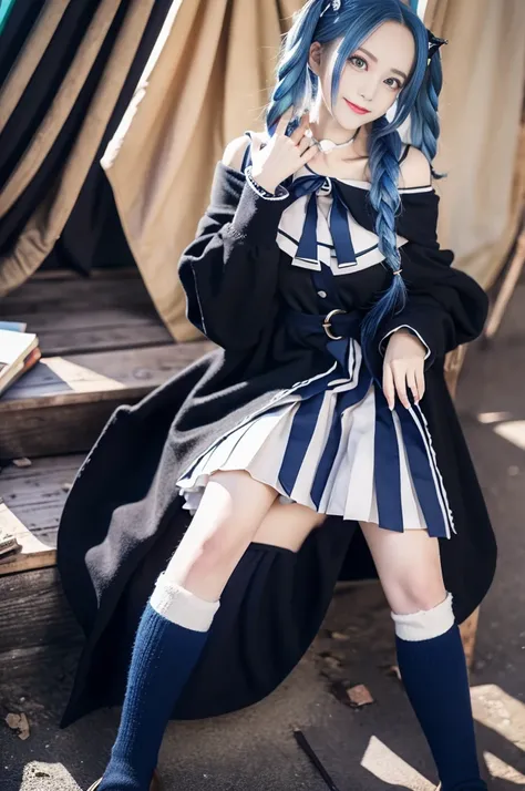 (Best image quality，Anime Style：1.5)，Mature Beauty，Wide forehead，Off-the-shoulder outfit，Wide coat，Blue Hair，Blue colored eyes，Shining Eyes，Black knee-high socks，Flesh，Twisted Braid，I pursed my lips and smiled，Classroom Background，blackboard