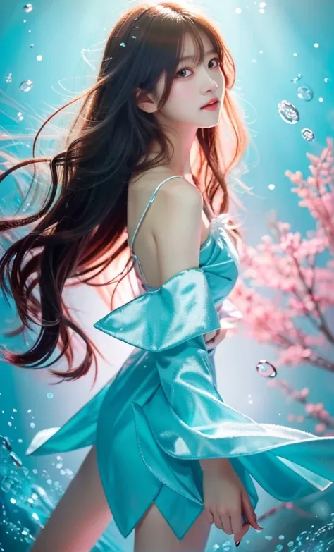 highest quality，masterpiece，Ultra-high resolution，Turn your back、（realism：1.4），RAW Photos，Cold Light，Woman in transparent dress underwater，Full body photo，Wallpaper Anime Blue Water，Gveiz-style artwork，A close-up fantasy using the magic of water，by ヤン・J，Gv...