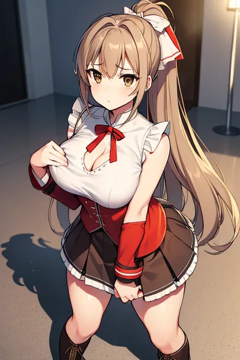 Isuzu Boat Soup, Isuzu battle soup, Ahog, (Brown eyes:1.7), Light brown hair, long hair, Ponytail, hair Ribbon, Ribbon, (breast:1.2)(((大breast、Low-cut，Cleavage, Wide hips,)))(Long legs),
rest aiguillette, ankle boots, black Ribbon, black skirt, boots, Brow...